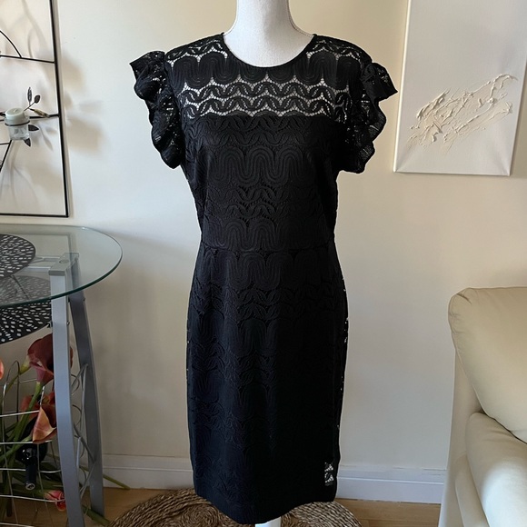 Trina Trina Turk Mai Tai Flutter Sleeve Lace Mini Little Black Dress Size 12 NWT - Picture 7 of 11